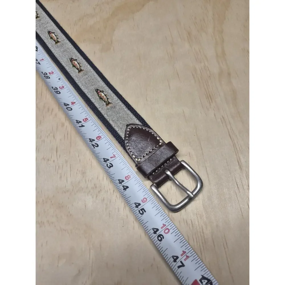 J.Crew Men’s 38 Fish Trout Embroidered Canvas & Leather Belt Navy/Brown Silver